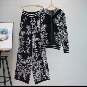 Black and White Floral Hoodie and Wide Leg Pants
